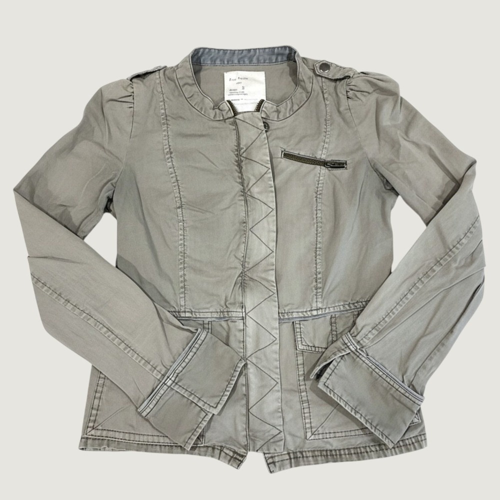 Free People 1970 Military Utility Jacket Green Cotton Puff Shoulder Size 8